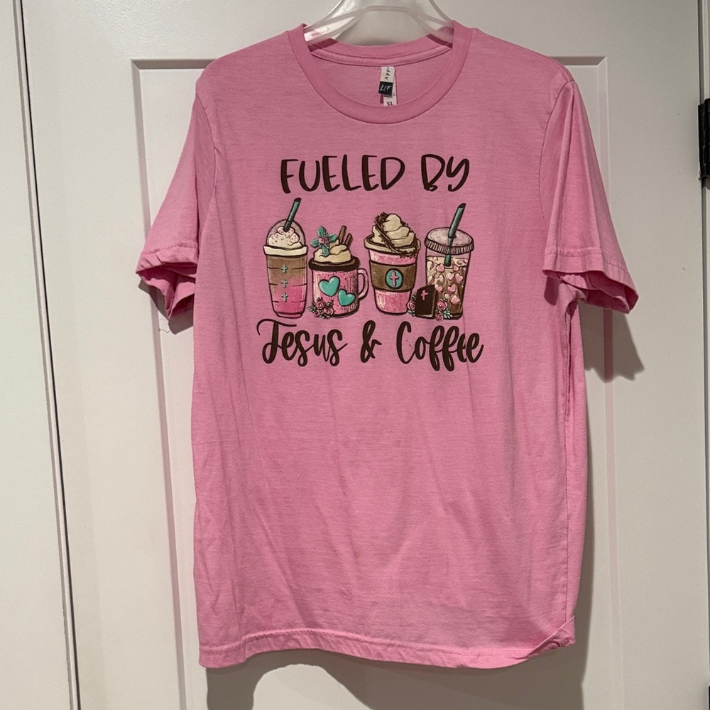 Pink Graphic T-Shirt Fueled by Coffee and Jesus Print